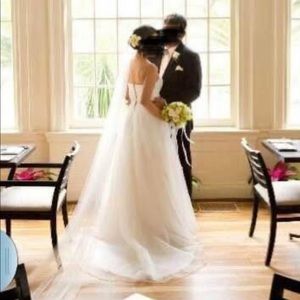 Wedding dress from David’s bridal. Soft white